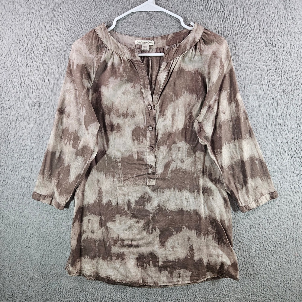 Coldwater Creek Womens Brown Abstract Tie Dye Button Front Cotton Tunic Top Sz M